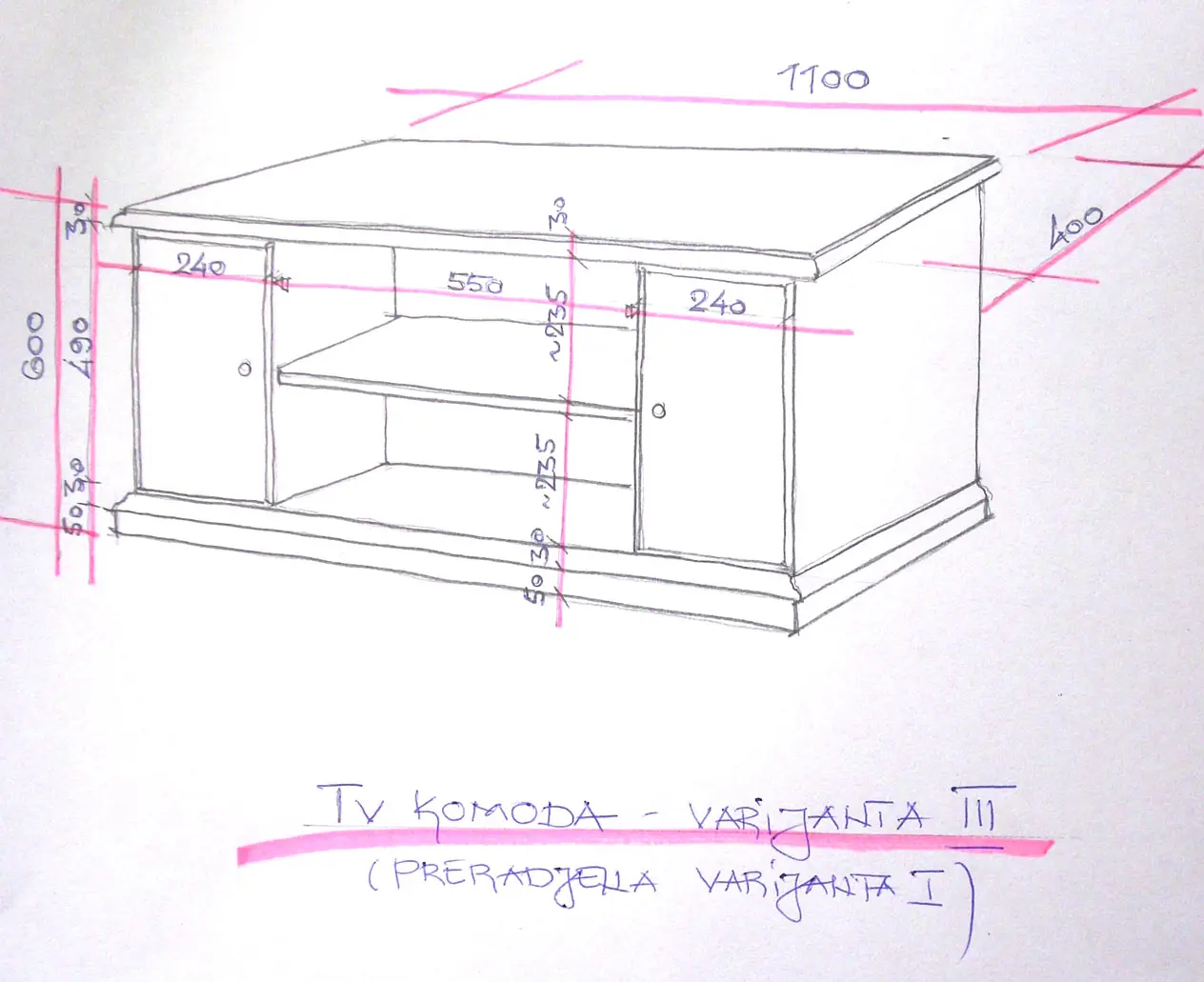 Rukom crtana radionička skica sa merama — tv komoda iii.